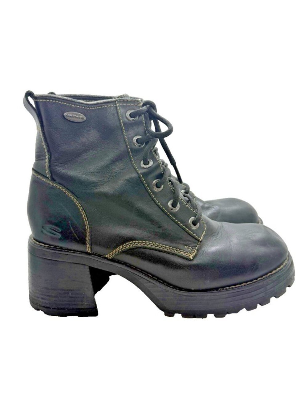 Vtg Skechers Women's Sz 9.5 Black Leather Ankle Boots Lace Up Y2K Chunky Grunge